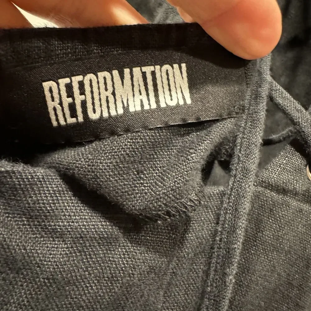 Reformation Jager Jumpsuit 100% Linen Pant FLAWED Black Tie Up Back Womens sz 6